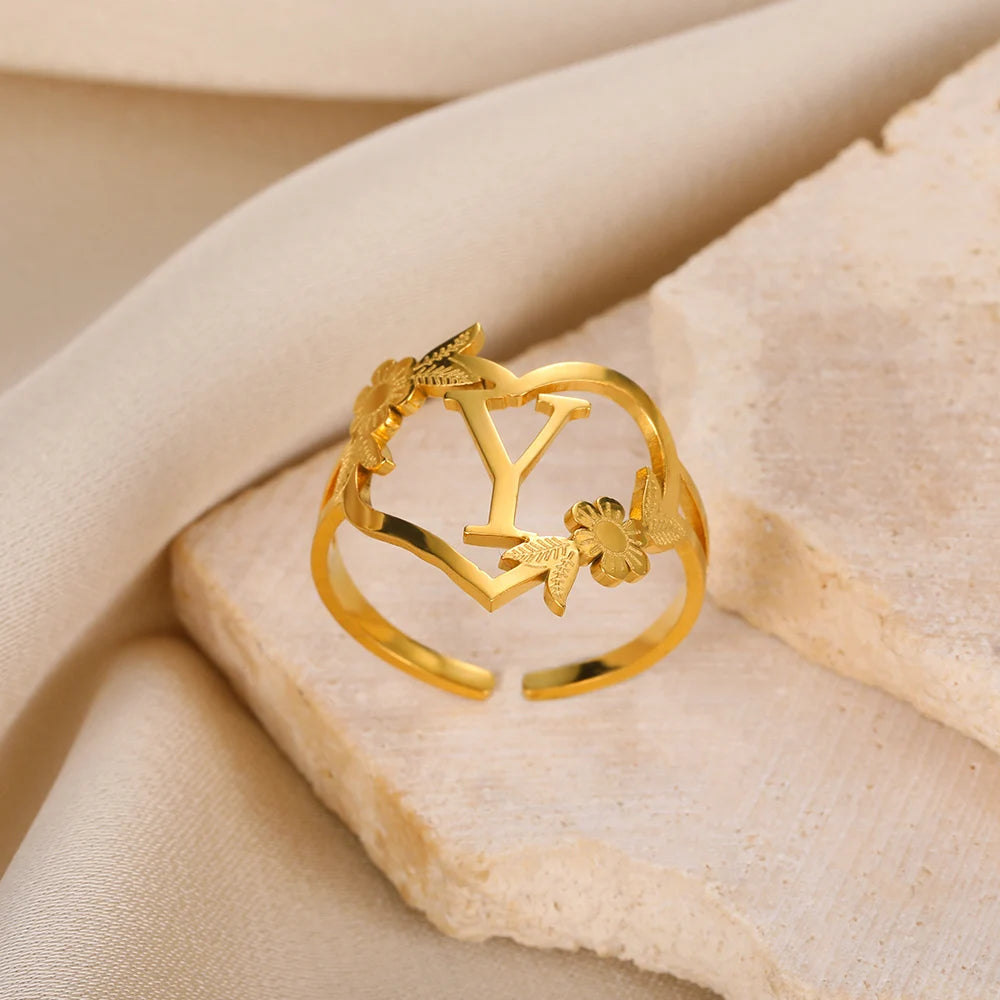 Edelstahl Initialen Buchstaben Herzringe für Frauen Mädchen Goldfarben Blumen Alphabet Ring Mode Valentinstags Schmuck Geschenk