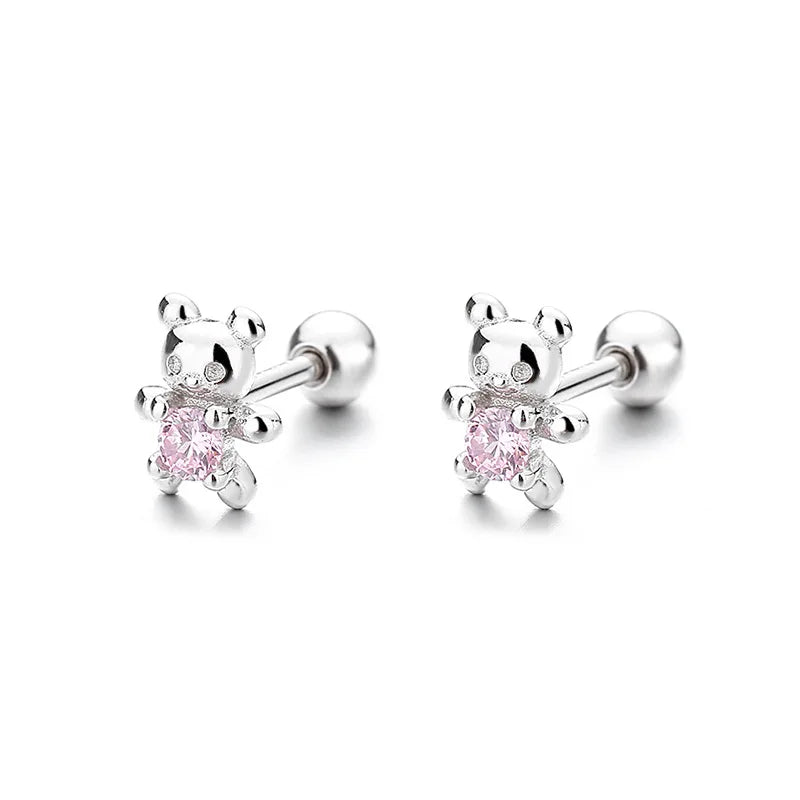Pendientes de tuerca de plata de ley 925 con adorable oso, tapones de rosca para oreja, elegantes joyas para la oreja, regalo exquisito