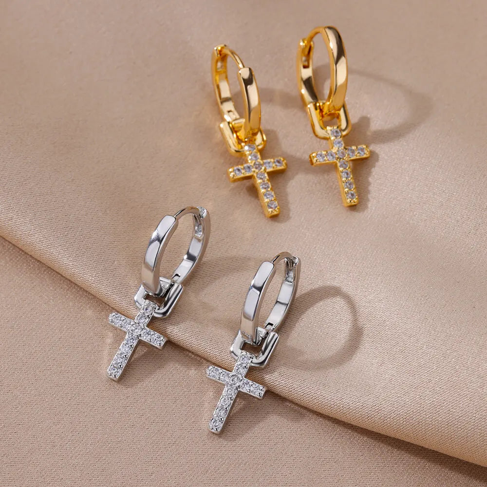 Zirkon Kreuz baumeln Ohrringe für Frauen Mädchen Edelstahl Kreuz Ohrring 2023 Trend Paar Hochzeit Ästhetischer Schmuck Aretes