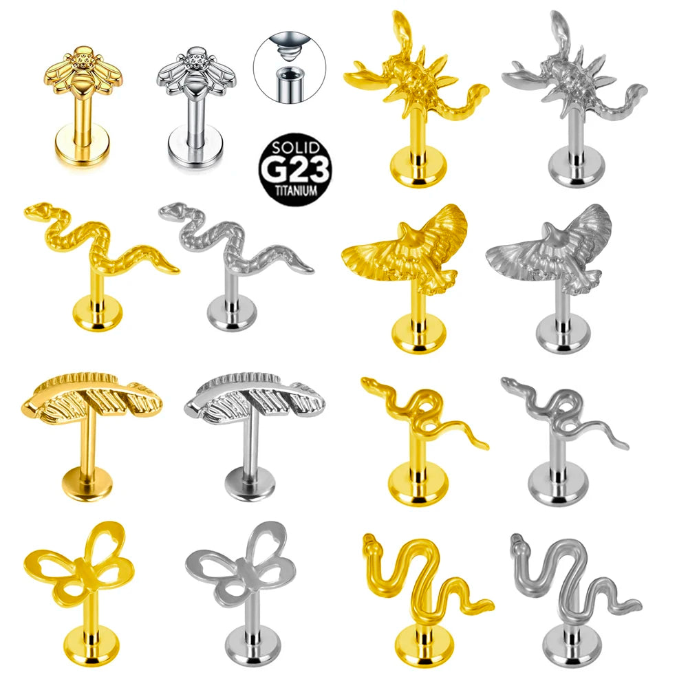 G23 Titan Schlangen-Bienen-Feder Labret Piercing 16G Innengewinde Ohrstecker Knorpel Helix Körperschmuck