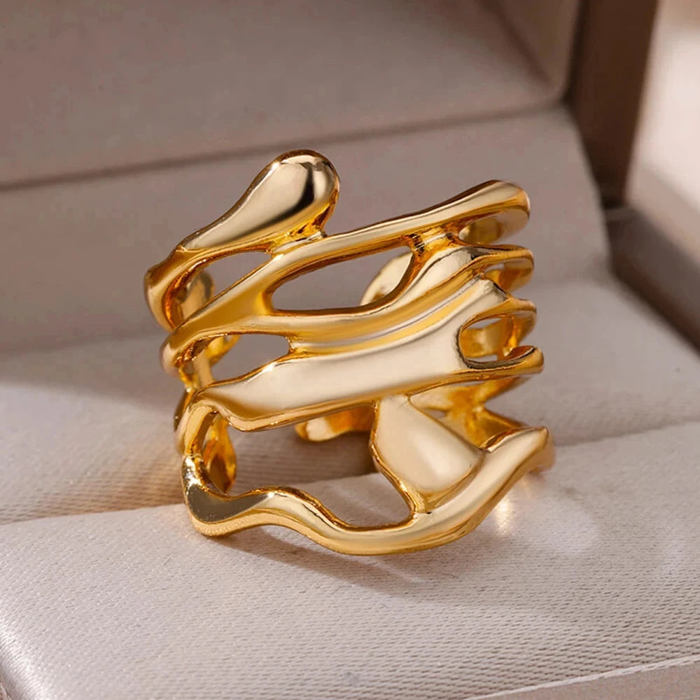 Gold Color Stainless Steel Multi Layer Rings for Women Hollow out Open Finger Ring Fashion Wedding Party Jewelry Gift 2024 New