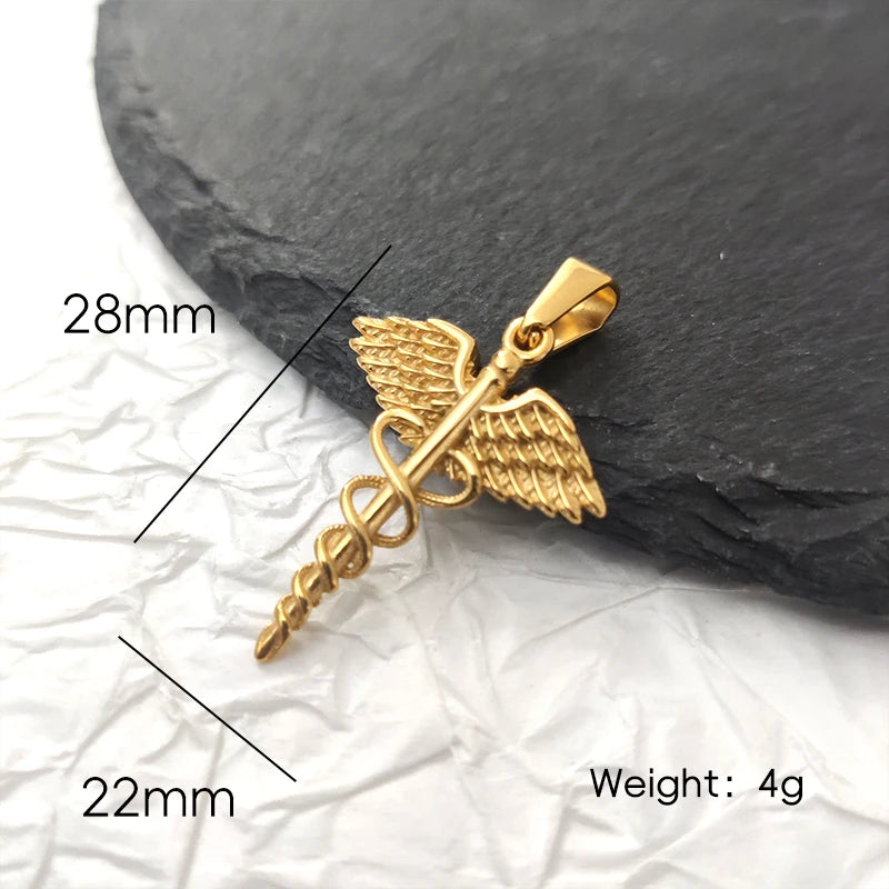 Collar de serpiente con ala de ángel de acero inoxidable chapado en oro de 18 quilates - Colgante de caduceo griego, joyería con amuleto para médico/enfermera