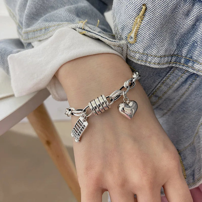 Sterling Silver plated Thai Silver Bracelet for Women Vintage Geometric Heart Love Lucky Punk Jewelry 2023 New Dropship