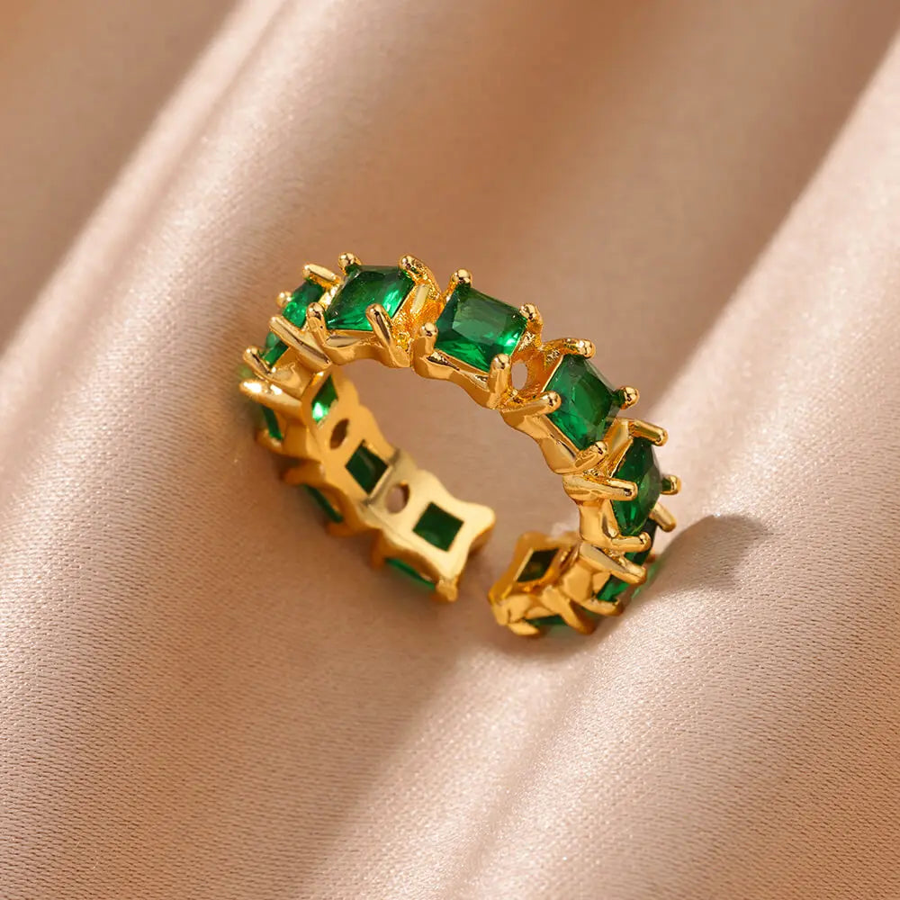 Grüne Zirkonia Herzringe für Damen, Vintage Goldfarben, Edelstahl, offener Ring, modischer ästhetischer Schmuck, Hochzeitsgeschenk