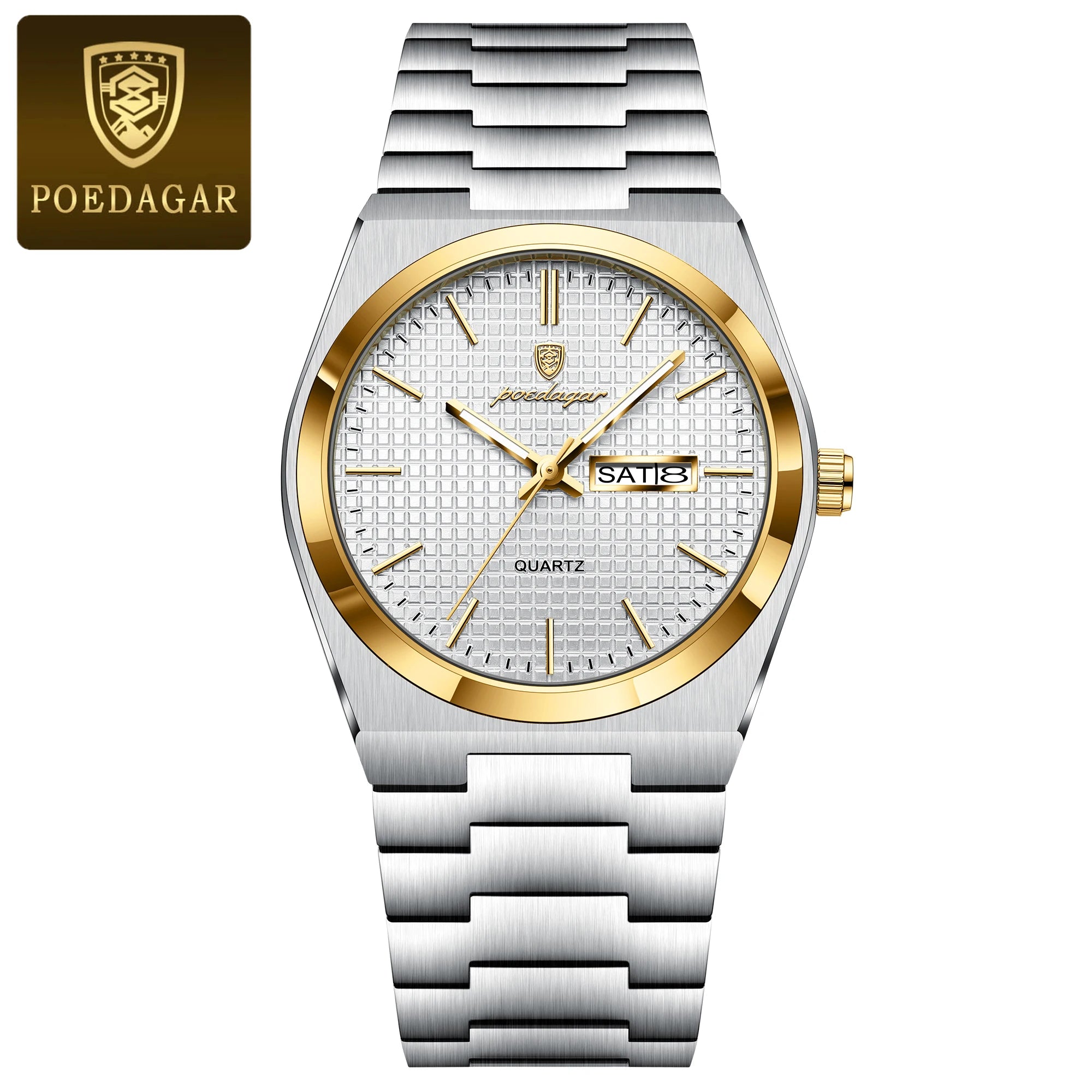 POEDAGAR Reloj de Hombre de Negocios de Acero Inoxidable Impermeable Luminoso con Fecha y Semana Reloj de Pulsera de Cuarzo de Moda Casual para Hombres