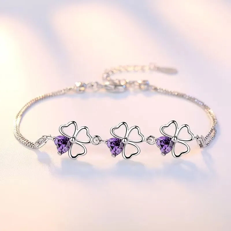 NEU Feine 925 Sterling Silber Lila Kristall Glücksklee Armbänder für Damen Mode Party Hochzeit Accessoires Schmuck 17CM+4CM