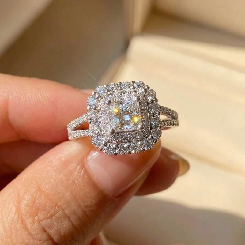 925 Sterling Silber Mode Quadrat Bling Ring Geometrisch Luxus Inlay AAA Zirkonia Hochzeit Accessoires Frauen Schmuck