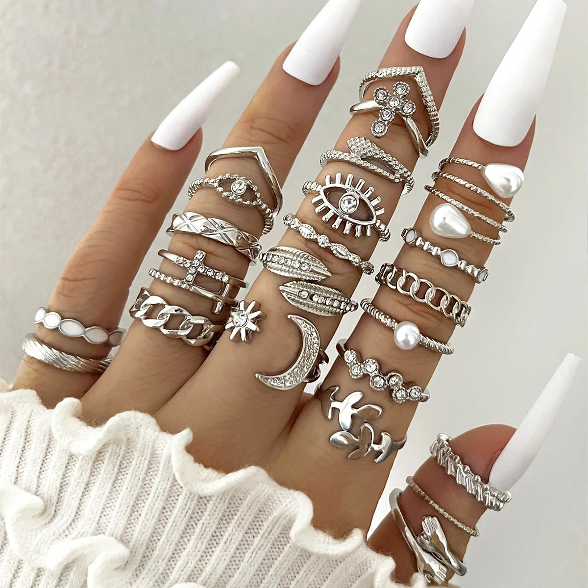 Mode Einfache Welle Gelenkringe Set für Frauen Kristall Herz Form Gold Silber Farbe Ring Weiblicher Party Schmuck