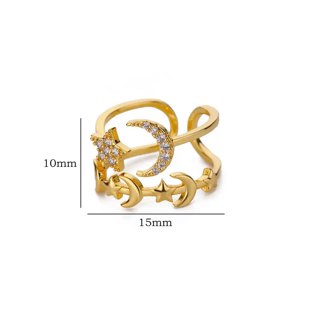 Zirkon Stern Mond Ringe für Frauen Goldfarben Verstellbar Edelstahl Mond Stern Ring Hochzeit Ästhetische Party Schmuck Geschenk BFF