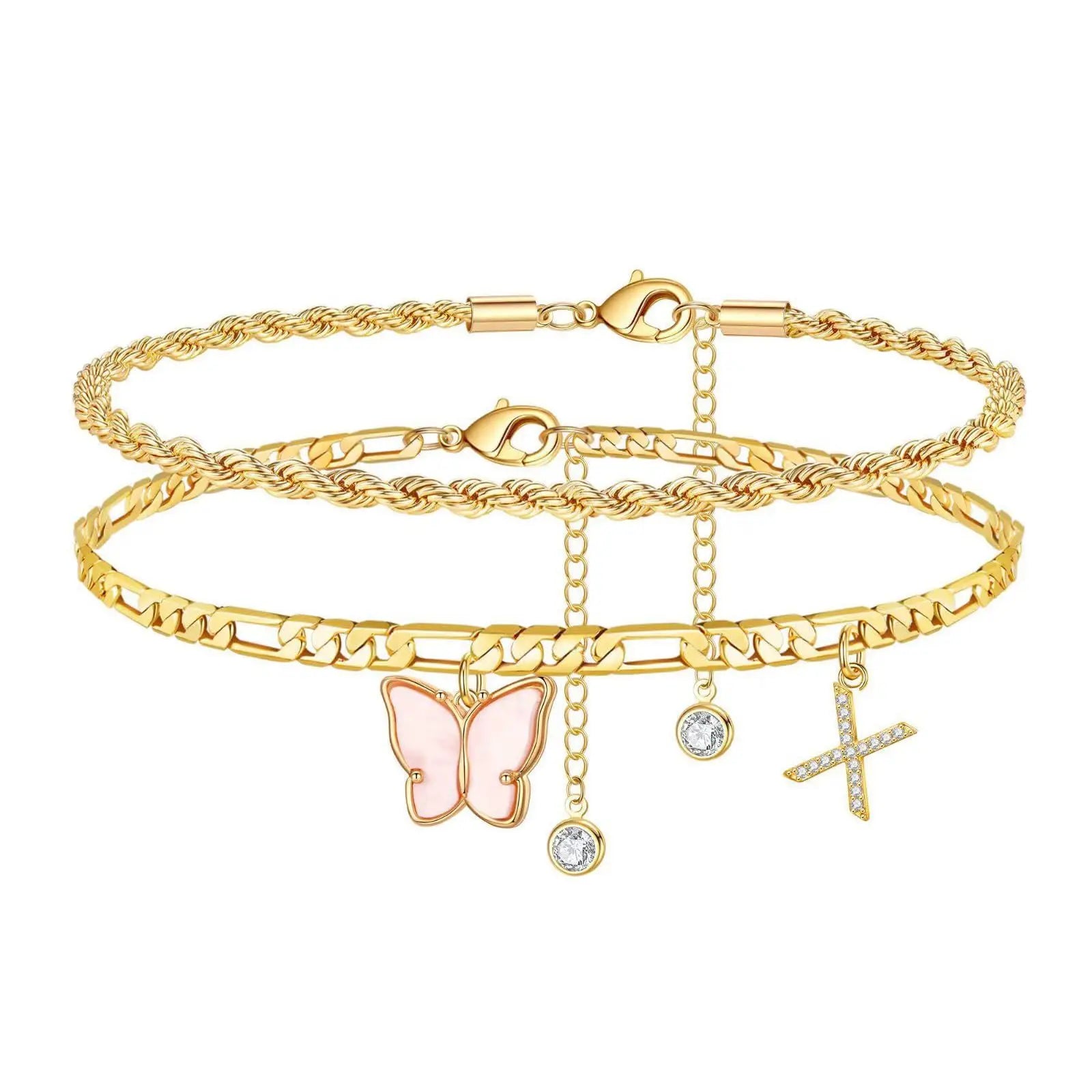 2 Stück Edelstahl Anfangs-Fußkettchen-Set für Frauen, 26 Buchstaben Acryl Schmetterling Charm Kette am Fuß Sommer Fußkettchen Schmuck