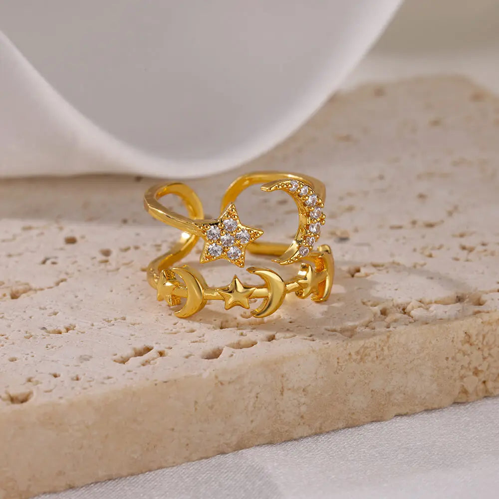 Zirkon Stern Mond Ringe für Frauen Goldfarben Verstellbar Edelstahl Mond Stern Ring Hochzeit Ästhetische Party Schmuck Geschenk BFF