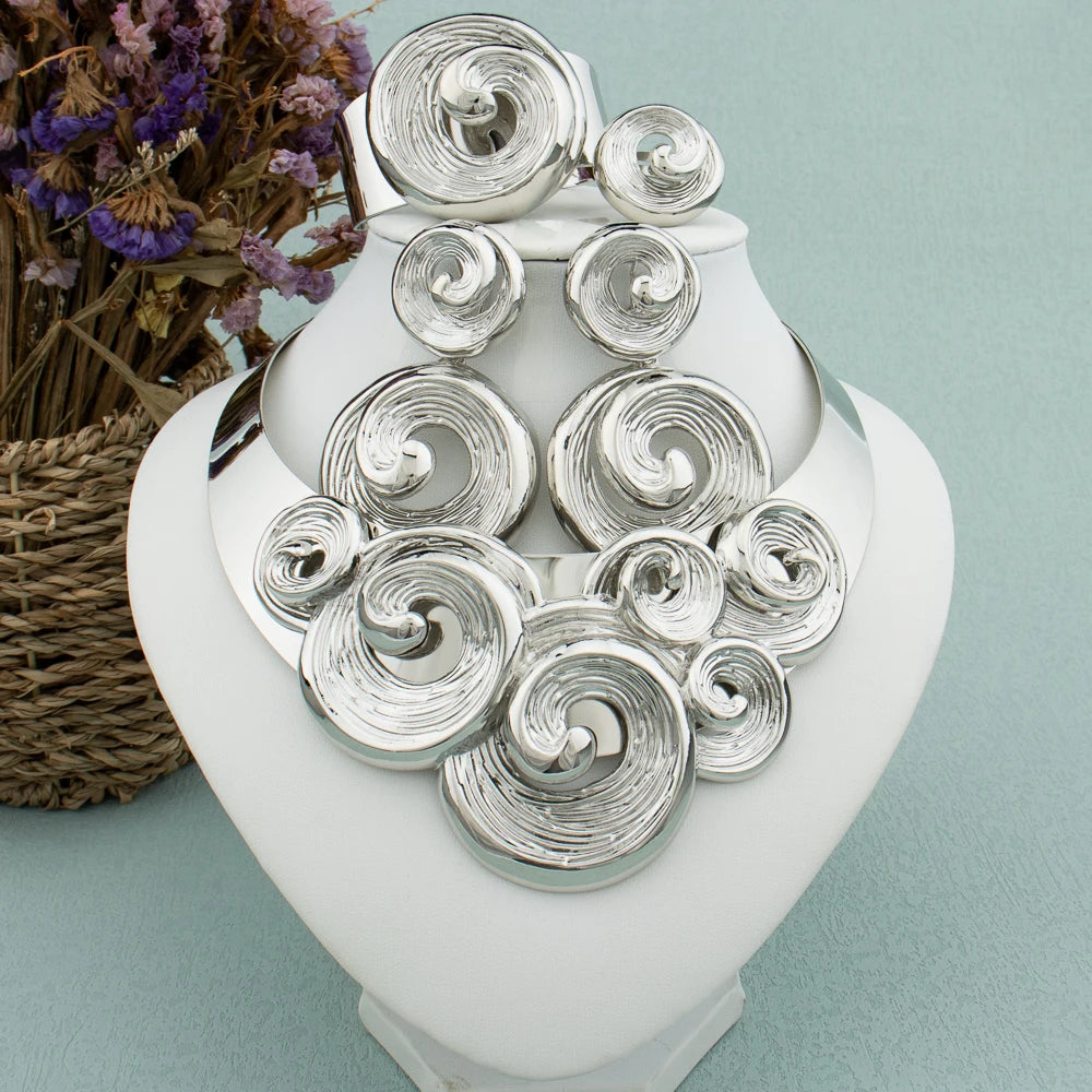 Dubai Großer Schmuckset für Frauen, Hochzeit Braut Halskette, vergoldet, mit Ohrringen, Armband und Ring, für Partygeschenk