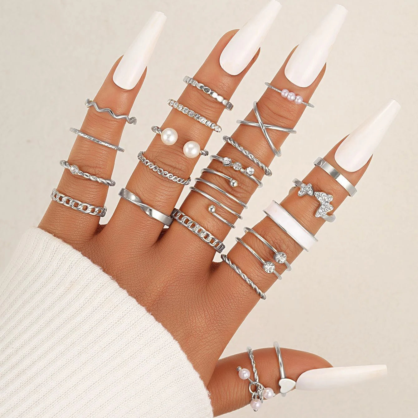 30 STÜCK Silberfarbenes Geometrisches Ring-Set für Damen Vintage Herz Auge Kreuz Sonne und Mond Blatt Anhänger Fingerring Weiblicher Boho Schmuck