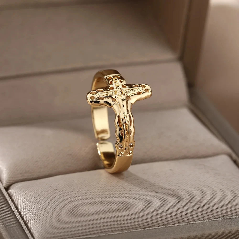 Vintage Jesus Kreuzringe für Damen Herren Goldfarbe Edelstahl Jesus Kreuz Verstellbarer Ring Religiöser Party Schmuck Geschenk