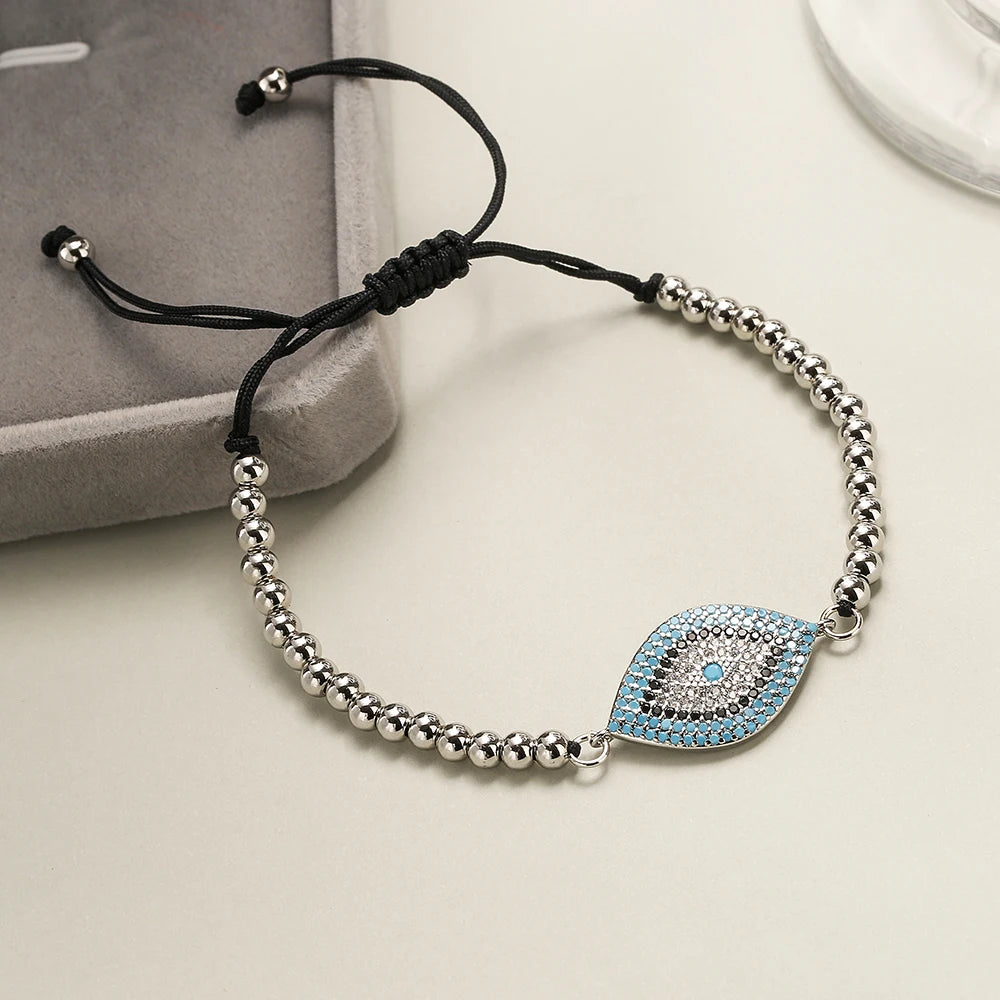 NEWBUY 2023 Mode Handgemachte schwarze Seilperlenkette Armband Verstellbar AAA Zirkonia Böser Blick Charm Armbänder für Frauen Mädchen