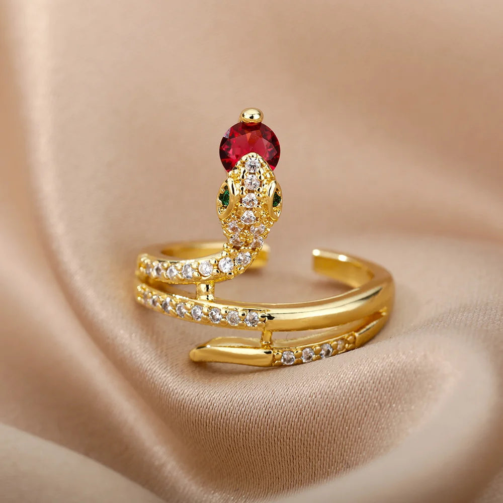 Edelstahl Schlangenringe für Damen Herren Goldfarben Offen Verstellbar Zirkon Ring Vintage Gothic Ästhetischer Schmuck anillos mujer