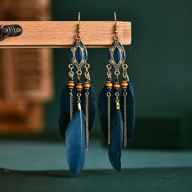 Böhmische ethnische Federohrringe für Frauen, lange Quaste, Perlen, handgemachte Ohrhänger, Mädchen, Mode, Hochzeitsschmuck, Geschenk