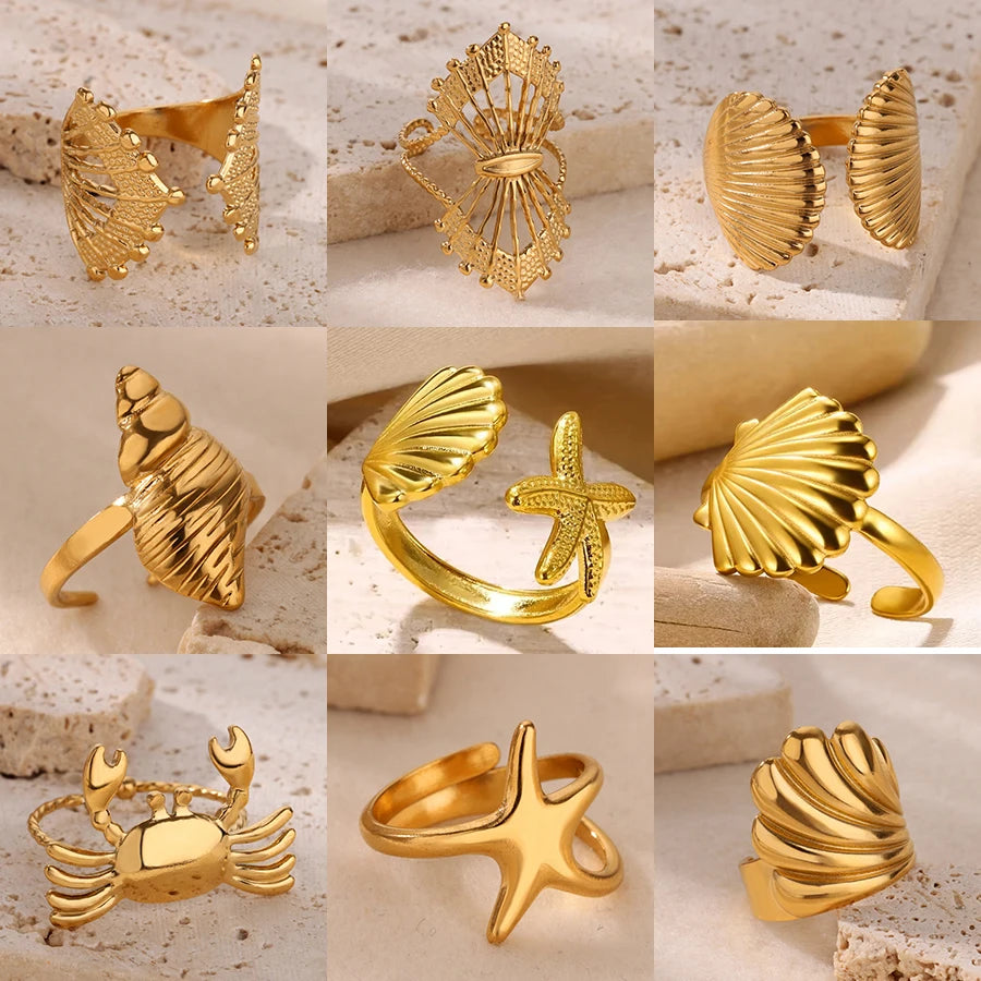 Anillos Abiertos de Acero Inoxidable con Concha de Estrella de Mar para Mujer, Anillo Ajustable Color Oro para Dedo, Joyas de Moda para Vacaciones en el Mar, Regalos