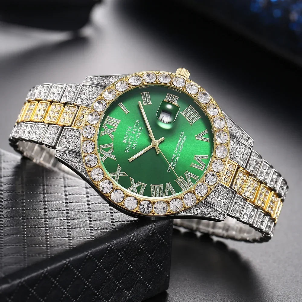 Reloj de diamante brillante Hot Sale para hombre, color oro, de lujo, de cuarzo, reloj masculino, dropshipping, calendario de diamantes de imitación, reloj de pulsera