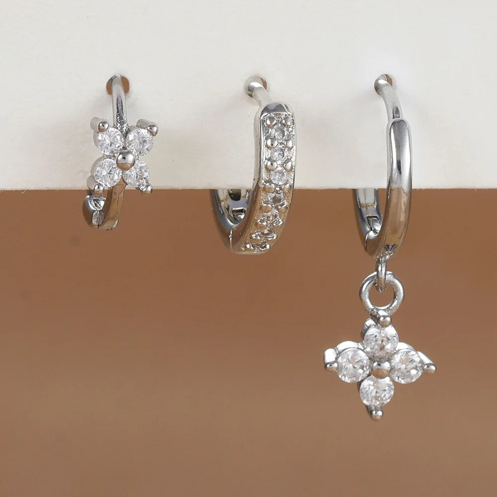 3 Paar modische orange-blaue Zirkon-Hängeohrringe für Damen, Edelstahl-Blumen-Baumelohrringe, Piercing-Schmuckset