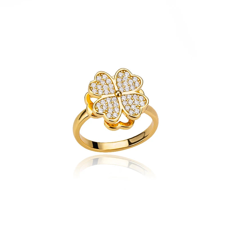 Zirkon Drehbare Vierblättrige Kleeblatt Angst-Ringe für Damen Edelstahl Anti-Stress Fidget Spinner Ring Ästhetischer Schmuck Geschenk