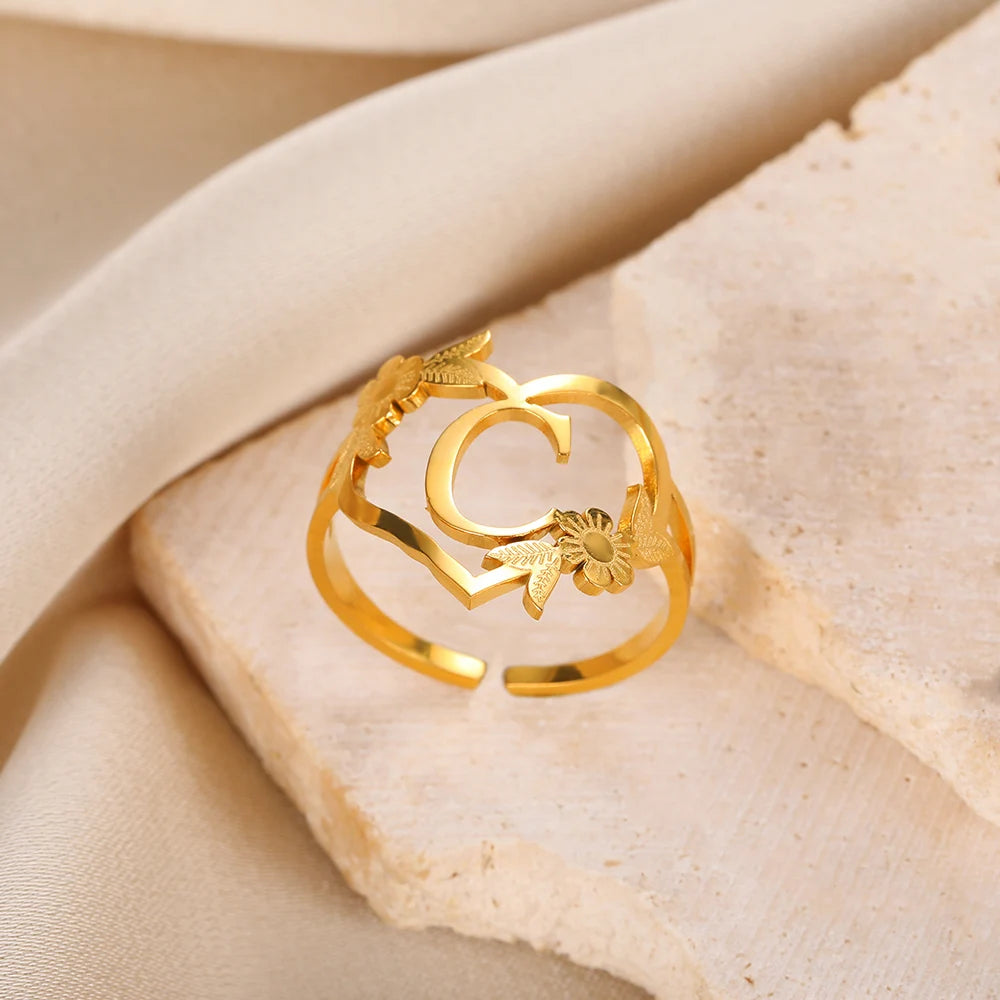 Edelstahl Initialen Buchstaben Herzringe für Frauen Mädchen Goldfarben Blumen Alphabet Ring Mode Valentinstags Schmuck Geschenk