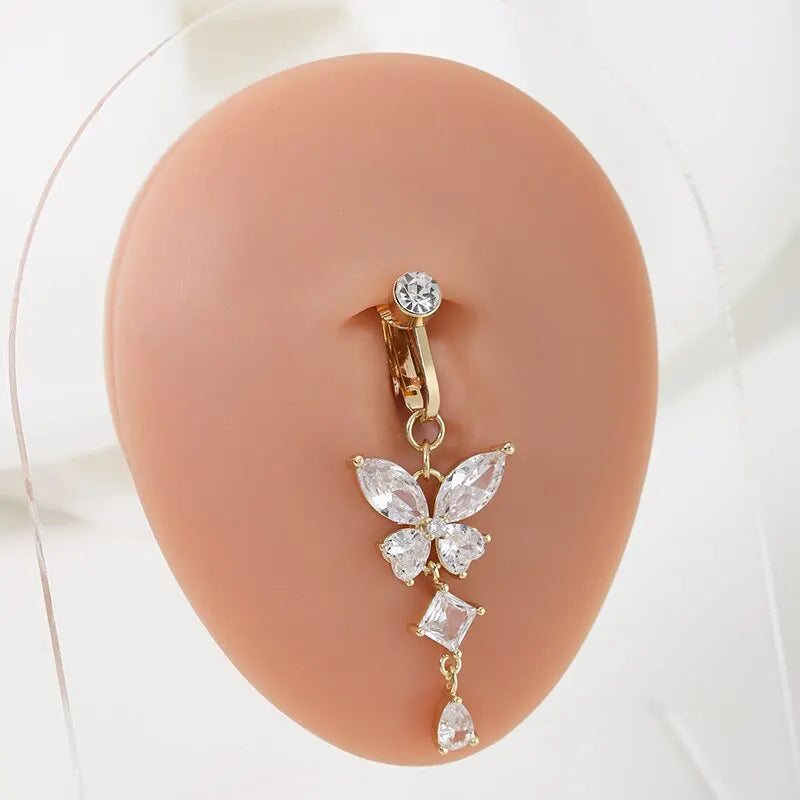 Anillo de ombligo de clip en forma de mariposa, de cobre con circonita, piercing falso para el ombligo, joyería corporal umbilical, estilo moderno y de moda