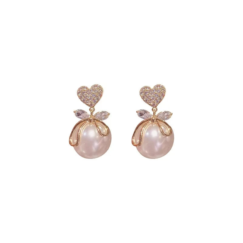 Aretes colgantes coreanos en forma de corazón para mujer, niña, regalo romántico de San Valentín, joyería de moda, perlas colgantes, aretes bonitos con lazo