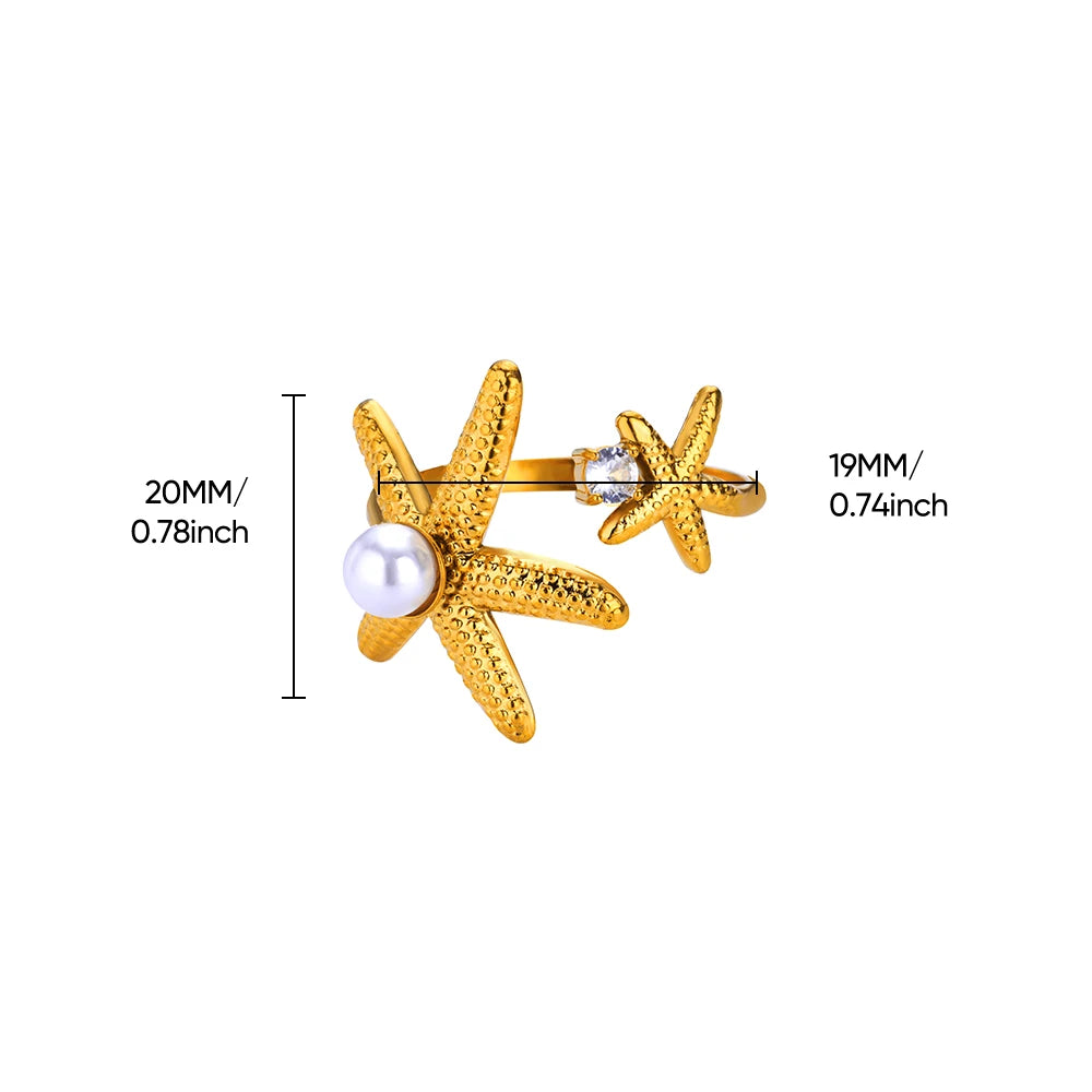 2025 Anillos de agua dulce de acero inoxidable con perlas, estrellas de mar y conchas para mujer, de color dorado, estilo punk vintage, joyería impermeable para la playa