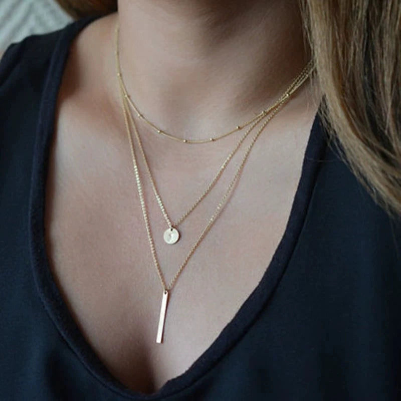 Fashion Layered Metal Bar Pendant Necklace for Women Daily Wear Gold Color Reactangle Clavicle Chain Collarbone Necklace Jewelry