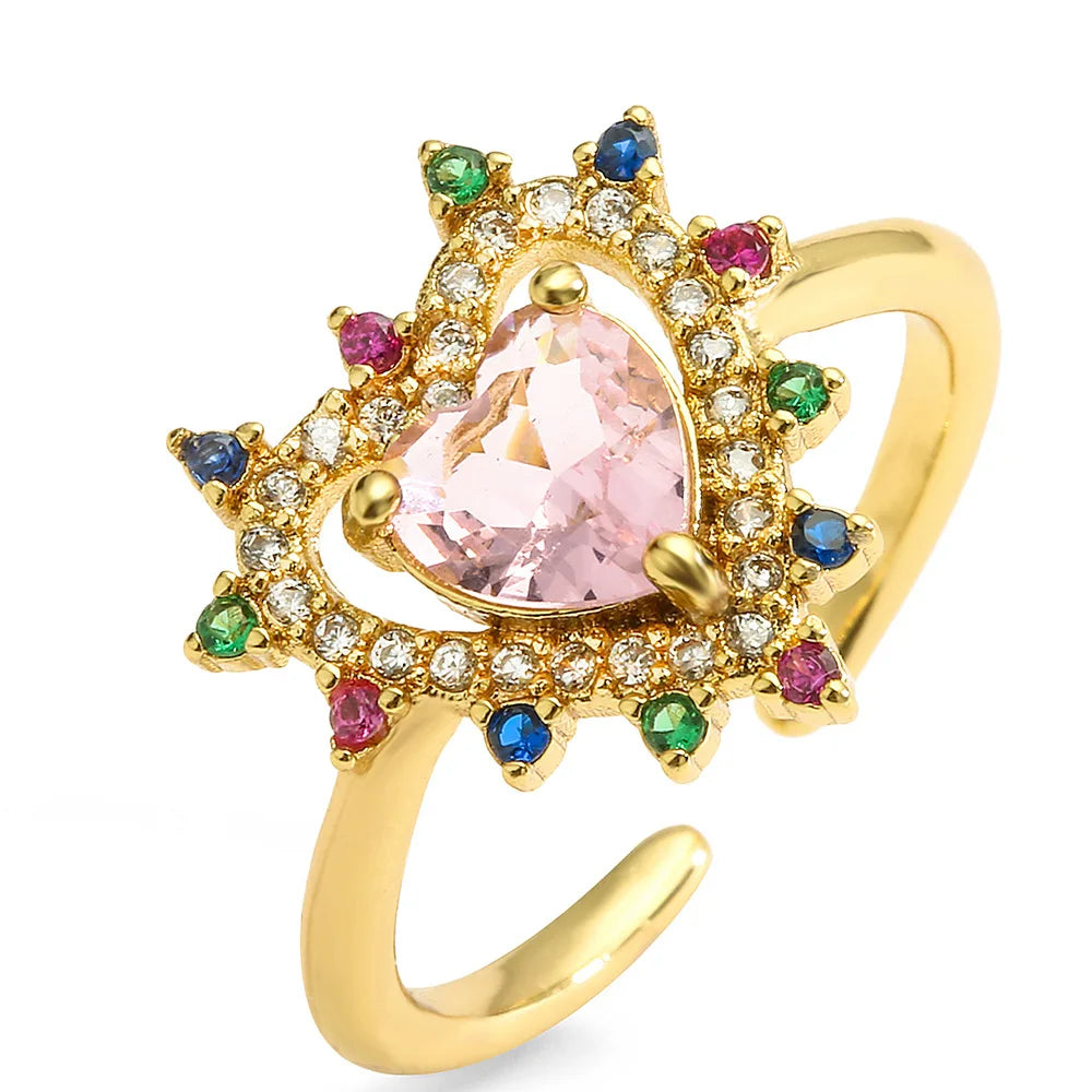 NEWBUY Fashion Bunte Zirkonia Pavé-Fassung Hochzeitsschmuck 2024 Trendiger Goldfarbener Herzanhänger Fingerring für Damen