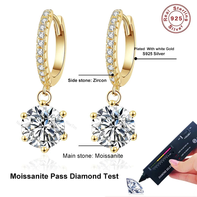 NeeTim 0.5ct 1ct Moissanit-Ohrhänger S925 Sterlingsilber vergoldet Hochzeitsschmuck mit Zertifikat Creolen