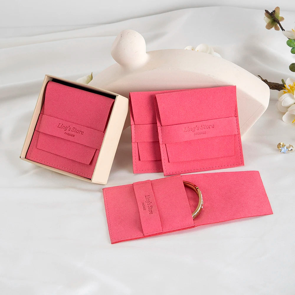 50/100Pcs Chic Custom Logo Jewelry Microfiber Strip Bag Rose Beige Pink Envelope Velvet Ring Earring Pendant Necklace Stud Pouch
