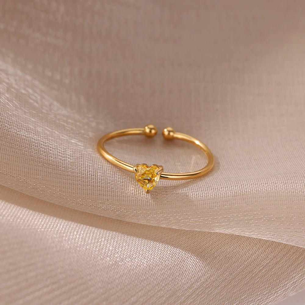 Edelstahl Geburtsstein Offene Ringe für Frauen Mode 12-farbiger Kristall Zirkon Herz Ring Geburtstag Ästhetischer Schmuck Geschenk