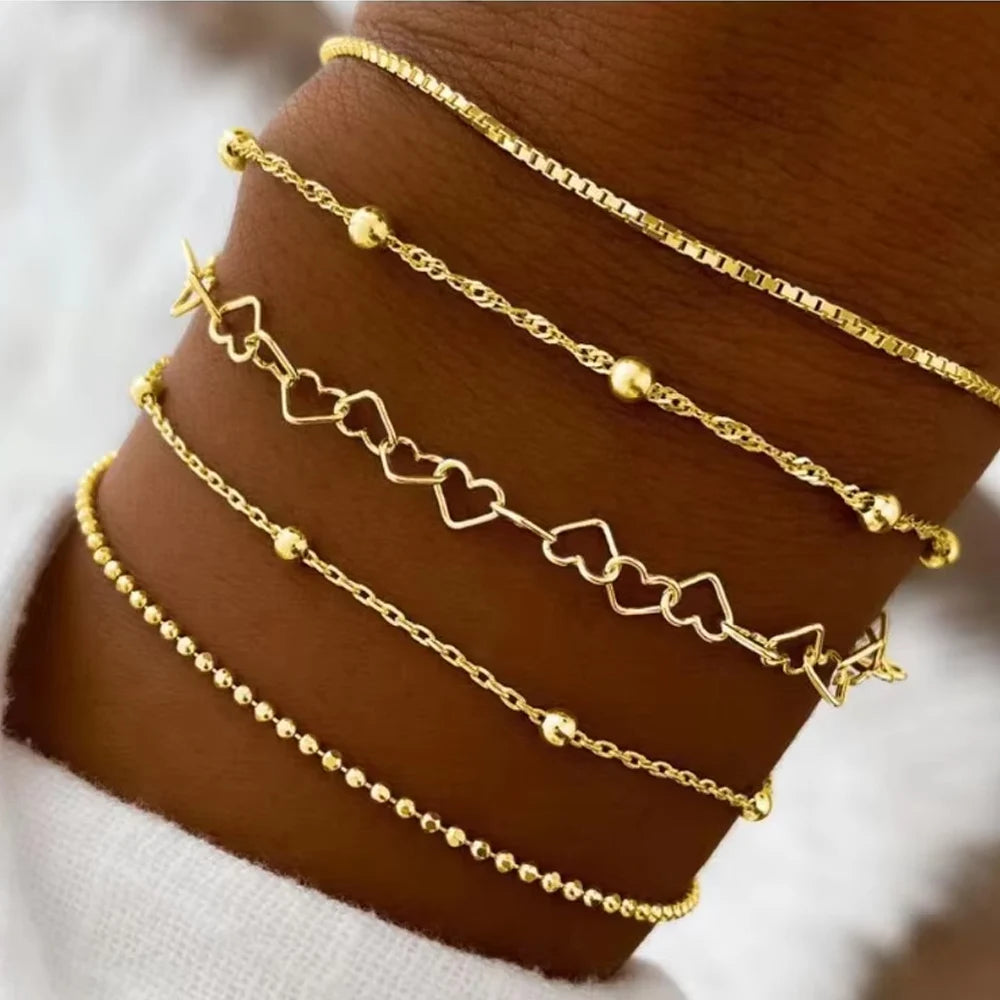 5-teiliges Set, silberfarbene Kettenperlenarmbänder für Damen, schlichter, eleganter Urlaub, Strandparty, Freizeit-Schmuck, vielseitig für den Alltag