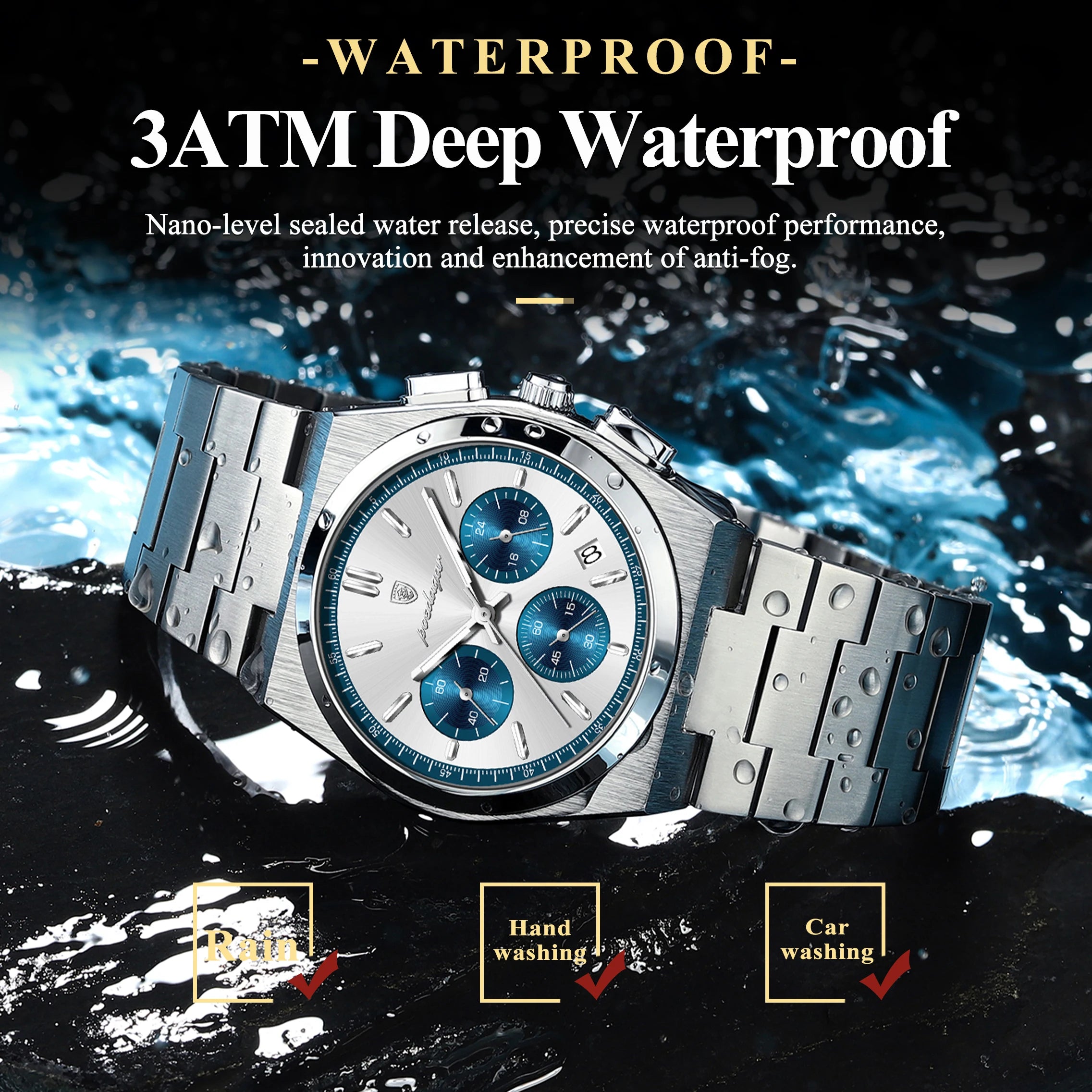 POEDAGAR Reloj de Lujo para Hombre Cronógrafo Fecha Acero Inoxidable Deporte Reloj de Pulsera para Hombre Impermeable Luminoso Moda Relojes de Cuarzo para Hombre