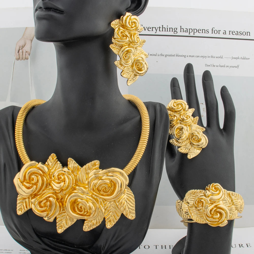 Afrikanisches Mode-Blumenschmuckset für Damen, luxuriös, goldfarben, Indien, hochwertige Ohrringe, Halskette, Armreif, Ring, Brautgeschenk
