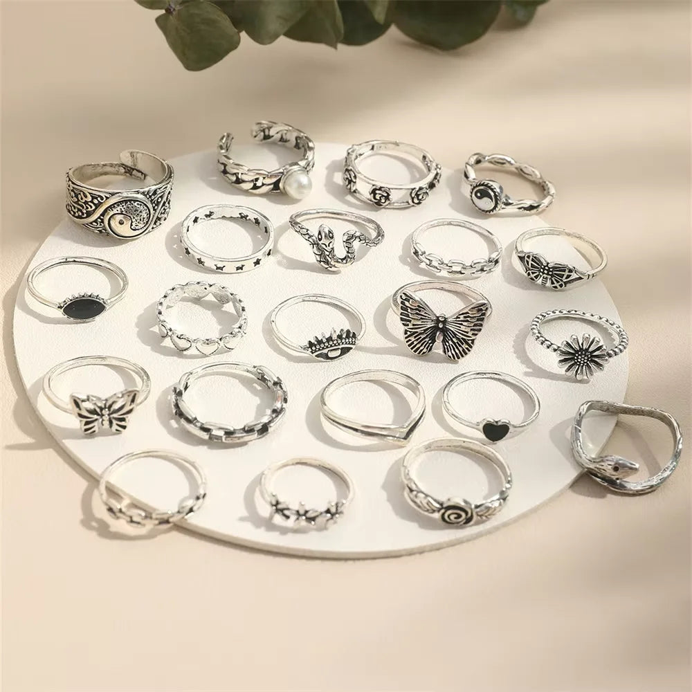 21-teiliges Gothic-Ringe-Set für Frauen, modisch, einfach, Schlange, Schmetterling, böses Auge, Fingerring, trendige Punk-Schmuckgeschenke, Neuheit 2024