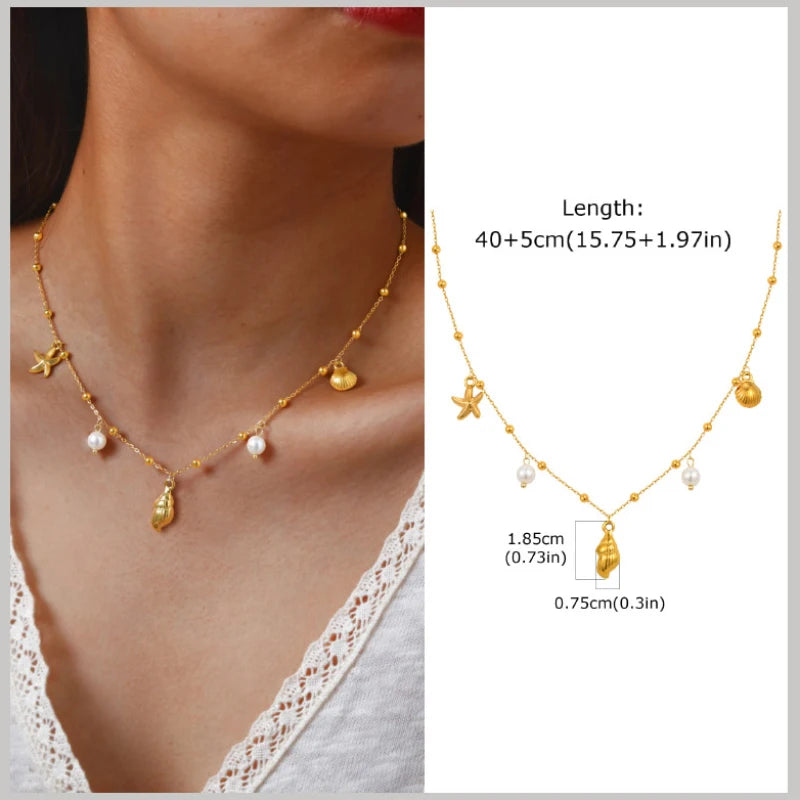 18k Gold Plated Pearl Shell Conch Starfish Summer Beach Necklace, Charms Necklace for Women,Stainless Steel Waterproof Jewelry