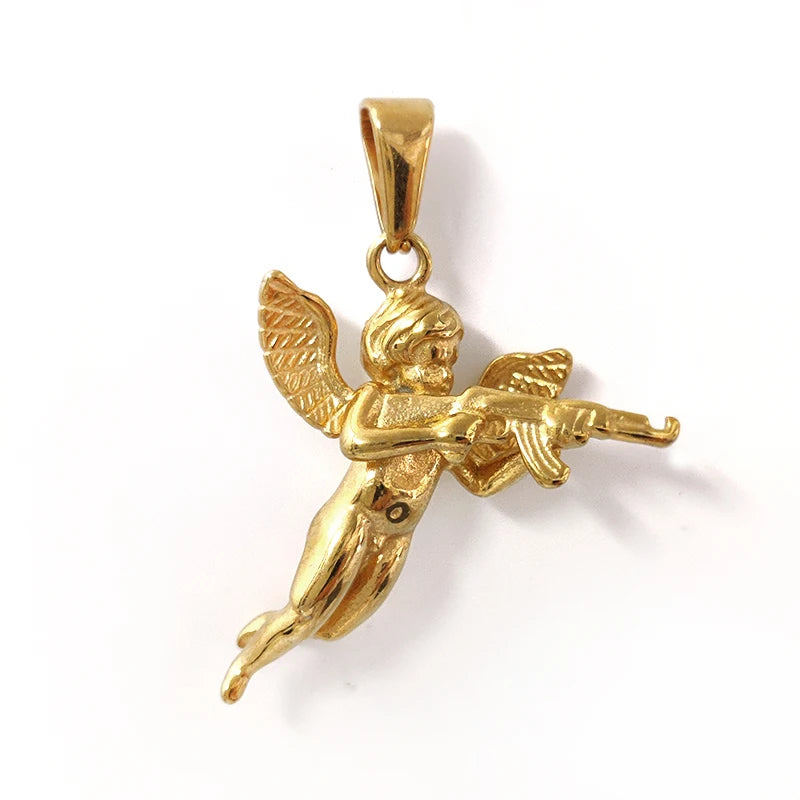 Collar con colgante de ángel 3D con pistola para hombre - chapado en oro de 18 quilates y cadena de cuerda de acero 316L, regalo de joyería gótica hip hop, "La venganza de Cupido"