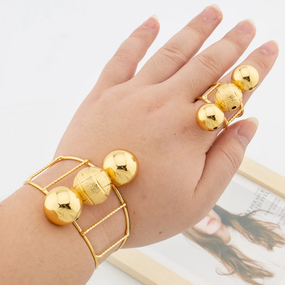 Afrikanischer Goldschmuck für Frauen, Perlen-Design, Manschettenarmreif und Ring, Dubai Hochzeiten Brautschmuck-Set, Accessoires, Geschenke