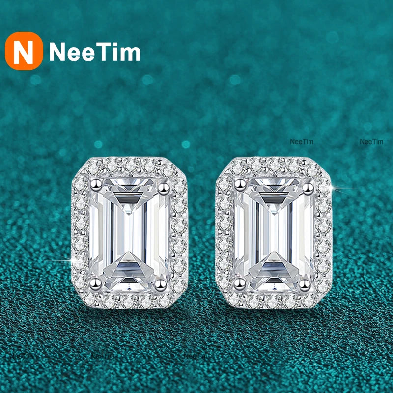 NeeTim 0.5CT 1CT 2CT Smaragd-Schliff Moissanit Ohrstecker für Damen Radiant-Schliff Braut Klassische Ohrstecker Schmuck S925 Silber Ohrringe