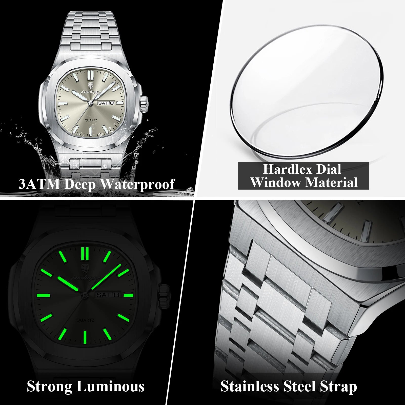 POEDAGAR Reloj de Pulsera Casual de Moda para Hombres Fecha y Día Acero Inoxidable Reloj de Hombre Luminoso Impermeable Lujo Cuarzo Relojes de Hombre+Caja