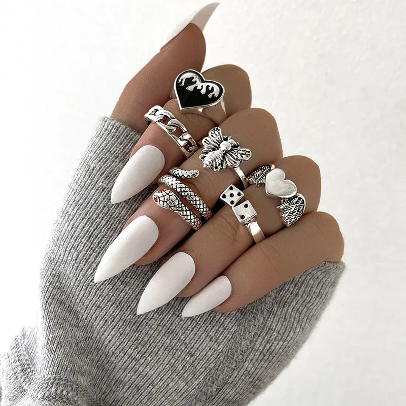 Anillo de elementos múltiples de metal estilo Punk vintage para mujer y hombre, anillos de dedo de calavera de serpiente mariposa de Color plata antigua, joyería gótica