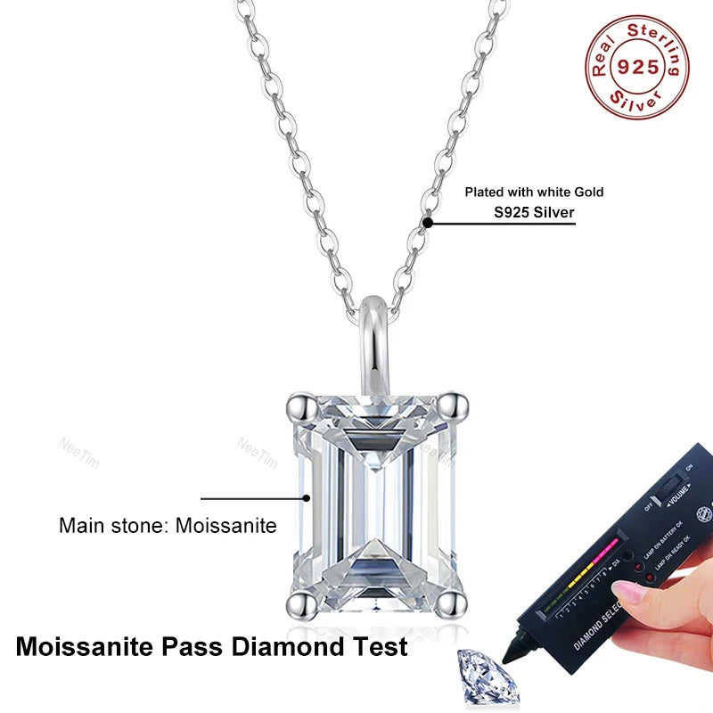NeeTim 1ct 2ct 3ct 4ct Colgante de moissanita talla esmeralda para mujer, plata S925 con cadena de collar chapada en oro blanco
