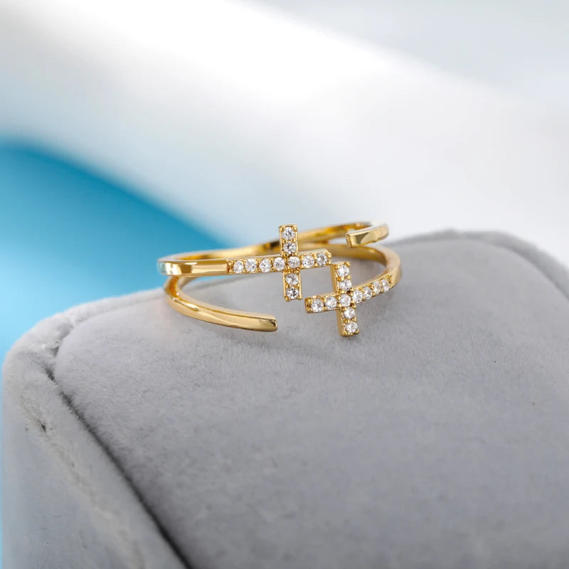 Zirkon-Doppelkreuzringe für Damen, Edelstahl, goldfarben, glänzender Öffnungsring, neues luxuriöses Mode-Hochzeits-Schmuckgeschenk, Bague