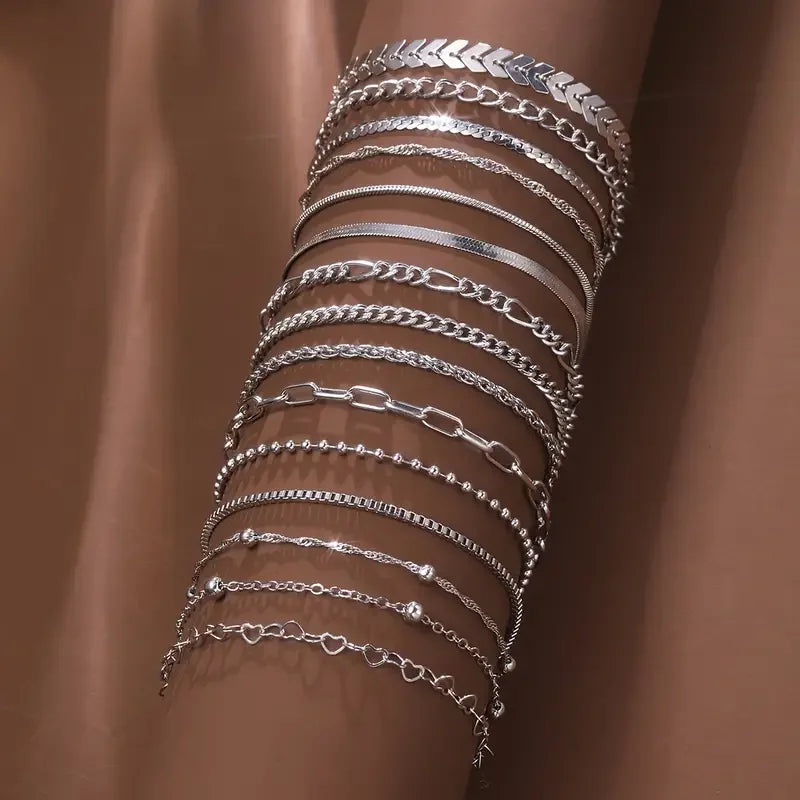 5/15-teiliges Set silberfarbene Kettenperlenarmbänder für Frauen Schlichter, eleganter Urlaub, Strandparty, Freizeit-Schmuck, vielseitig, für den Alltag
