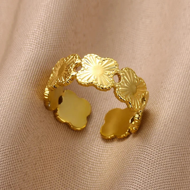 Edelstahl Blumenringe für Frauen Goldfarbe Muschel Seestern Mehrschichtiger Aushöhlungsring Modeschmuck Hochzeitsgeschenke