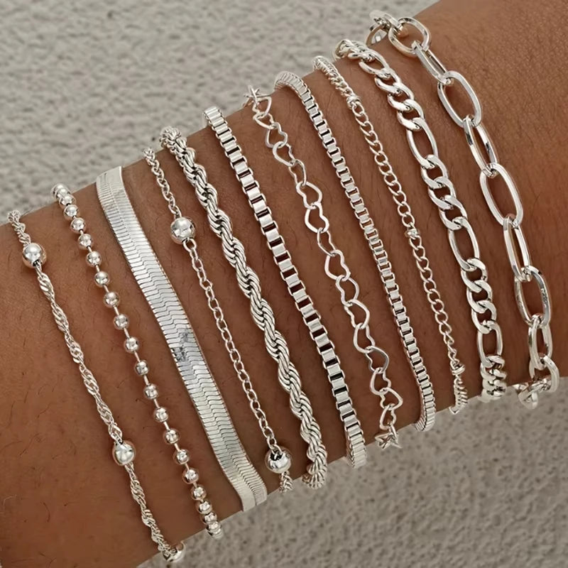11-teiliges Set Boho Gedrehte Flache Schlangenketten-Fußkette für Frauen Sommer Strand Vintage Barfuß-Fußkettchen am Bein Schmuckzubehör