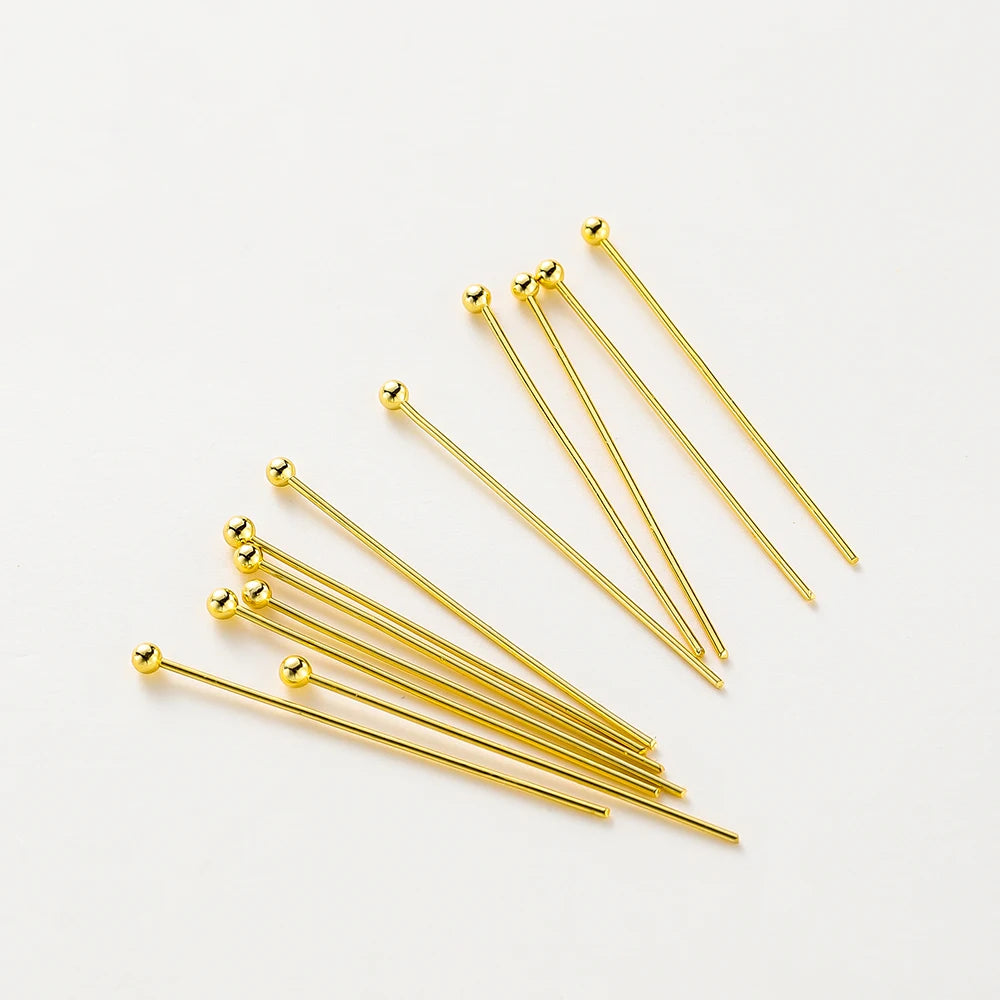 100 unidades/lote de 16-50 mm chapados en oro de 14K y 18K, alfileres de cabeza redonda para hacer joyas, accesorios de latón, metal, alfileres de cabeza plana y de ojal